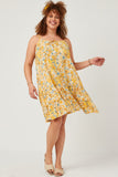 HY5895W Yellow Plus Tie Front Tiered Floral Mini Tank Dress Full Body