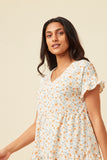 HY5939 OFF WHITE Womens V-Neck Ruffle Short Sleeve Tiered Floral Dress Detail