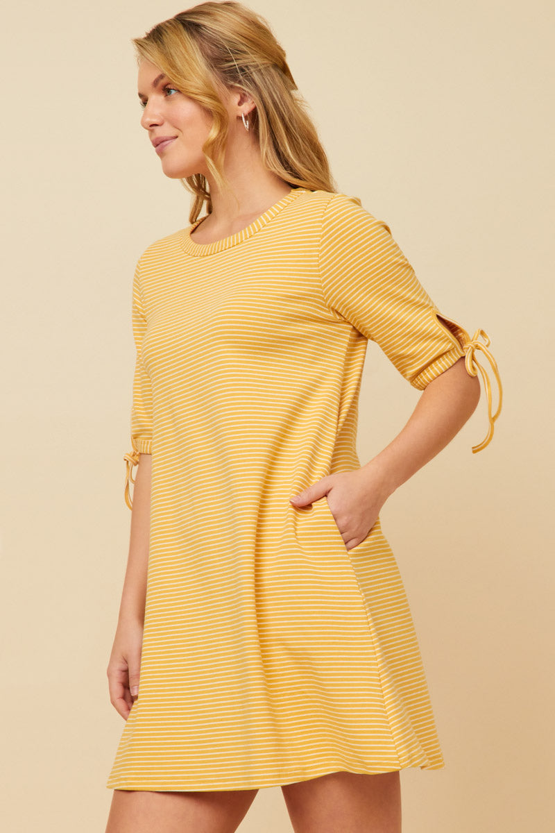 HY5944 MUSTARD Womens Tie Sleeve Striped Dress Side