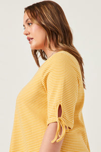 HY5944W MUSTARD Plus Tie Sleeve Striped Dress Detail