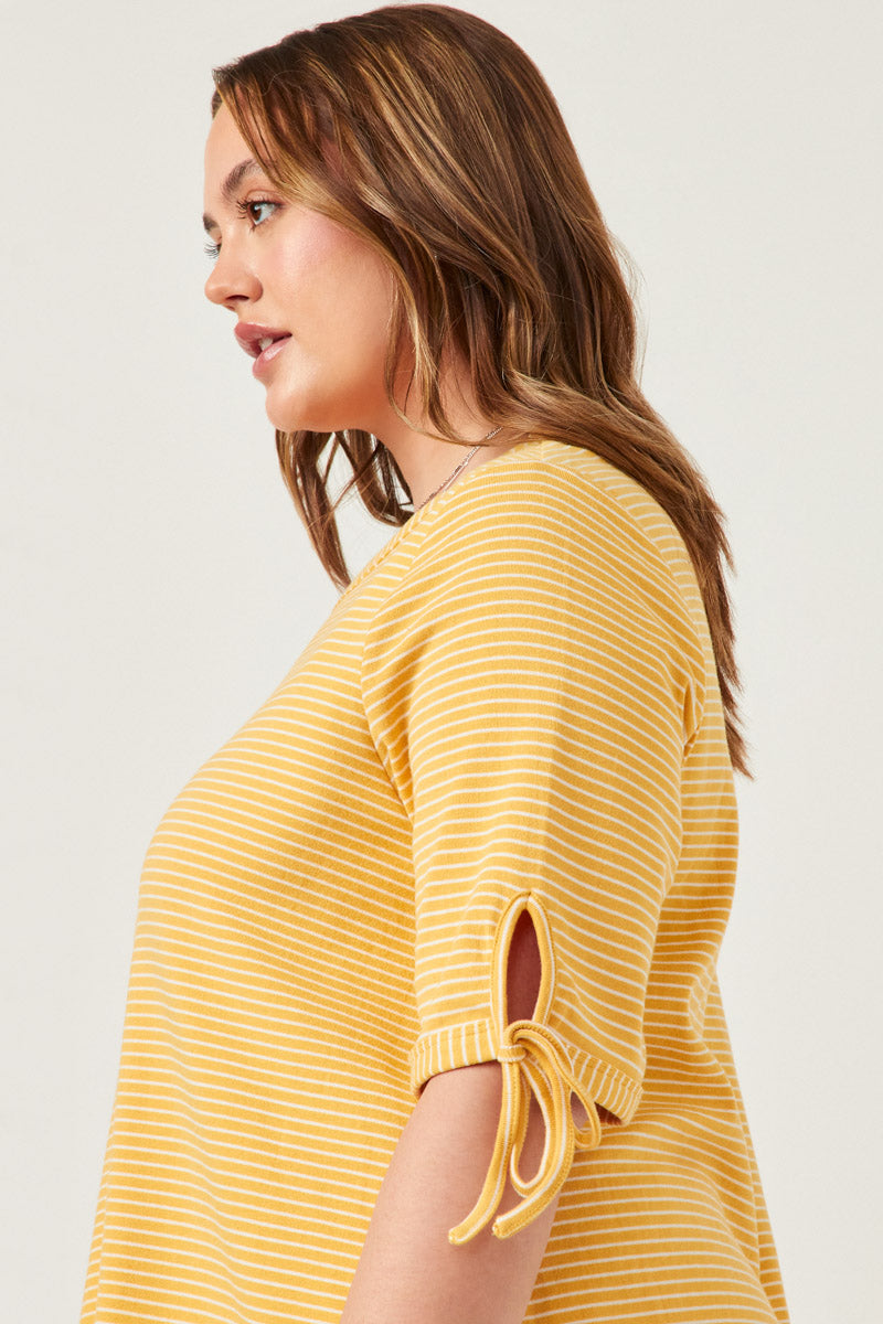 HY5944W MUSTARD Plus Tie Sleeve Striped Dress Detail