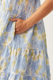HY5966 BLUE Womens Front Tie Textured Floral Tiered Tank Dress Detail