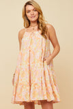 HY5966 PINK Womens Front Tie Textured Floral Tiered Tank Dress Front