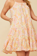 HY5966 PINK Womens Front Tie Textured Floral Tiered Tank Dress Side