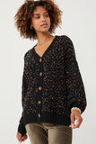 HY6099 Black Mix Womens Confetti Popcorn Knit Buttoned Sweater Cardigan Front