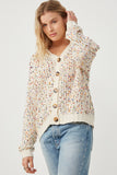 HY6099 Ivory Mix Womens Confetti Popcorn Knit Buttoned Sweater Cardigan Front