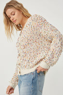 HY6099 Ivory Mix Womens Confetti Popcorn Knit Buttoned Sweater Cardigan Side