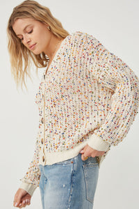 HY6099 Ivory Mix Womens Confetti Popcorn Knit Buttoned Sweater Cardigan Side