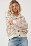 HY6099 Ivory Mix Womens Confetti Popcorn Knit Buttoned Sweater Cardigan Pose