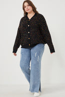 HY6099W Black Mix Plus Confetti Popcorn Knit Buttoned Sweater Cardigan Full Body