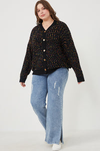 HY6099W Black Mix Plus Confetti Popcorn Knit Buttoned Sweater Cardigan Full Body