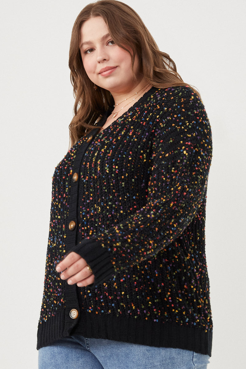 HY6099W Black Mix Plus Confetti Popcorn Knit Buttoned Sweater Cardigan Side
