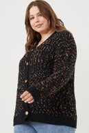 HY6099W Black Mix Plus Confetti Popcorn Knit Buttoned Sweater Cardigan Side