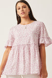 HY6106 MAUVE Womens Abstract Animal Print Ruffle Detail Peplum Top Front