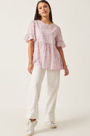 HY6106 MAUVE Womens Abstract Animal Print Ruffle Detail Peplum Top Full Body