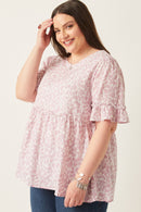 HY6106W MAUVE Plus Abstract Animal Print Ruffle Detail Peplum Top Side