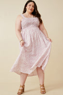 HY6107W Mauve Plus Abstract Polka Dot Print Smocked Tank Dress Full Body