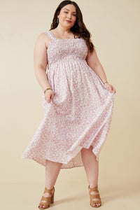 HY6107W Mauve Plus Abstract Polka Dot Print Smocked Tank Dress Full Body