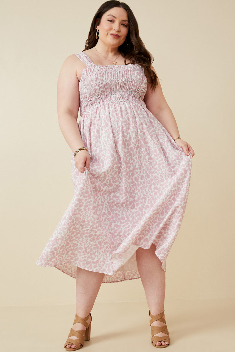 HY6107W Mauve Plus Abstract Polka Dot Print Smocked Tank Dress Full Body