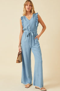 HY6111 LIGHT DENIM Womens Tencel Buttoned Ruffle Tank Wideleg Jumpsuit Full Body