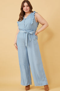 HY6111W LIGHT DENIM Plus Tencel Buttoned Ruffle Tank Wideleg Jumpsuit Full Body