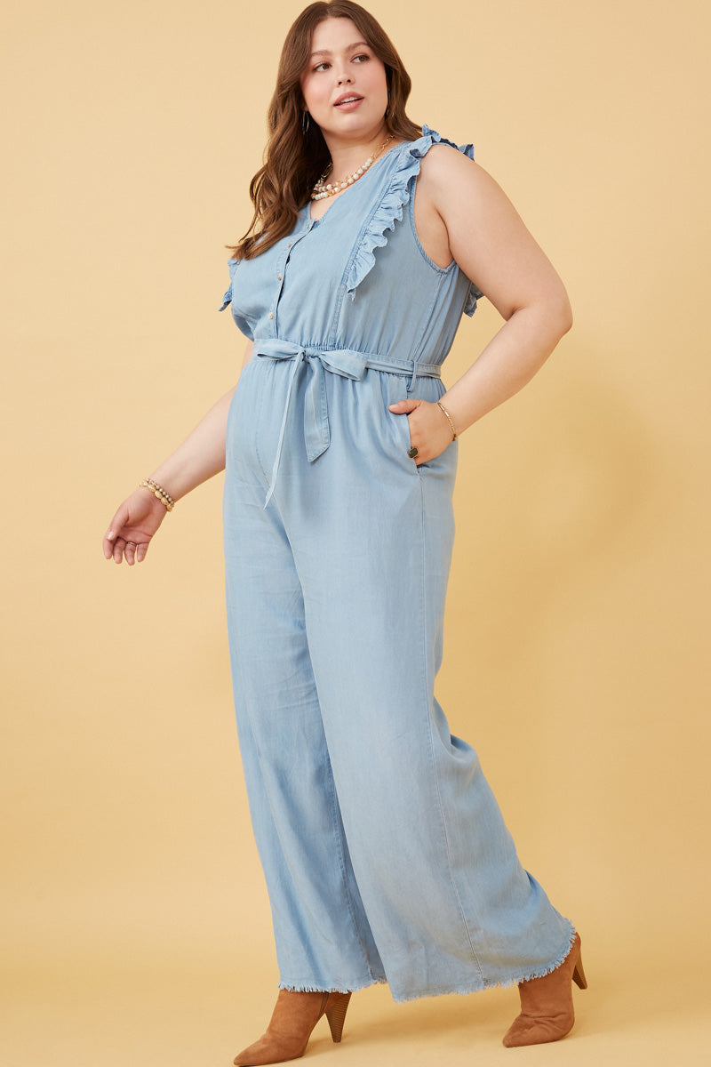 HY6111W LIGHT DENIM Plus Tencel Buttoned Ruffle Tank Wideleg Jumpsuit Side