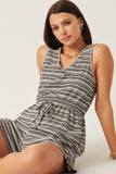 HY6112 BLACK Womens Engineered Stripe Drawstring Sleeveless Romper Pose