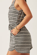 HY6112 BLACK Womens Engineered Stripe Drawstring Sleeveless Romper Detail
