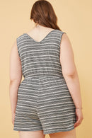 HY6112W BLACK Plus Engineered Stripe Drawstring Sleeveless Romper Back
