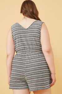 HY6112W BLACK Plus Engineered Stripe Drawstring Sleeveless Romper Back