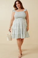 HY6131W Sage Plus Ditsy Floral Smocked Flutter Tank Dress Full Body