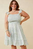 HY6131W Sage Plus Ditsy Floral Smocked Flutter Tank Dress Front 2