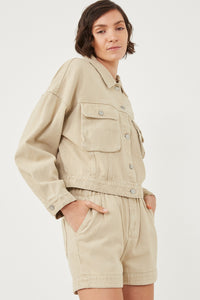 HY6141 BEIGE Womens Washed Cargo Pocket Contrast Stitch Colored Denim Jacket Front