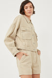 HY6141 BEIGE Womens Washed Cargo Pocket Contrast Stitch Colored Denim Jacket Front