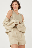 HY6141 BEIGE Womens Washed Cargo Pocket Contrast Stitch Colored Denim Jacket Side