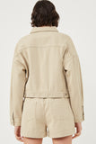 HY6141 BEIGE Womens Washed Cargo Pocket Contrast Stitch Colored Denim Jacket Back
