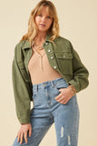 HY6141 OLIVE Womens Washed Cargo Pocket Contrast Stitch Colored Denim Jacket Front