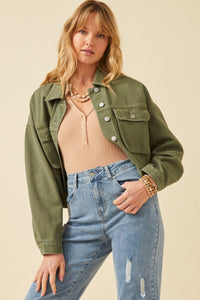 HY6141 OLIVE Womens Washed Cargo Pocket Contrast Stitch Colored Denim Jacket Front