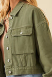 HY6141 OLIVE Womens Washed Cargo Pocket Contrast Stitch Colored Denim Jacket Detail