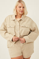 HY6141W BEIGE Plus Washed Cargo Pocket Contrast Stitch Colored Denim Jacket Front