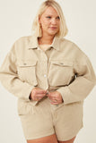 HY6141W BEIGE Plus Washed Cargo Pocket Contrast Stitch Colored Denim Jacket Front