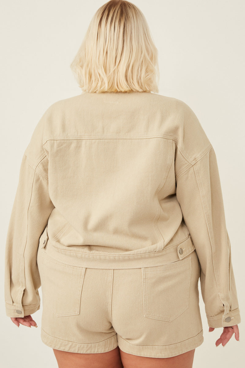 HY6141W BEIGE Plus Washed Cargo Pocket Contrast Stitch Colored Denim Jacket Back