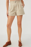 HY6150 BEIGE Womens Washed Contrast Stitch Colored Denim Paperbag Shorts Front