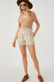 HY6150 BEIGE Womens Washed Contrast Stitch Colored Denim Paperbag Shorts Full Body
