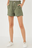 HY6150 OLIVE Womens Washed Contrast Stitch Colored Denim Paperbag Shorts Front