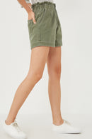 HY6150 OLIVE Womens Washed Contrast Stitch Colored Denim Paperbag Shorts Side