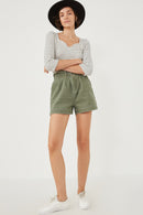 HY6150 OLIVE Womens Washed Contrast Stitch Colored Denim Paperbag Shorts Full Body