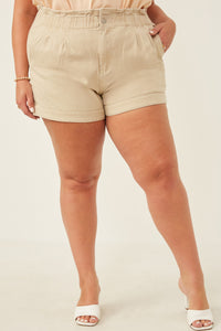 HY6150W BEIGE Plus Washed Contrast Stitch Colored Denim Paperbag Shorts Front
