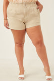 HY6150W BEIGE Plus Washed Contrast Stitch Colored Denim Paperbag Shorts Front