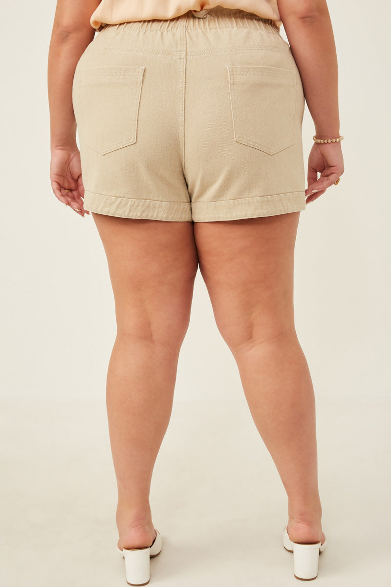 HY6150W BEIGE Plus Washed Contrast Stitch Colored Denim Paperbag Shorts Back